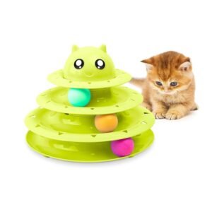 FurDreams Cat Roller Ball Toy Interactive - Green, 3 Tier Tower Fun Cat Ball Track Toy with 3 Colour Balls