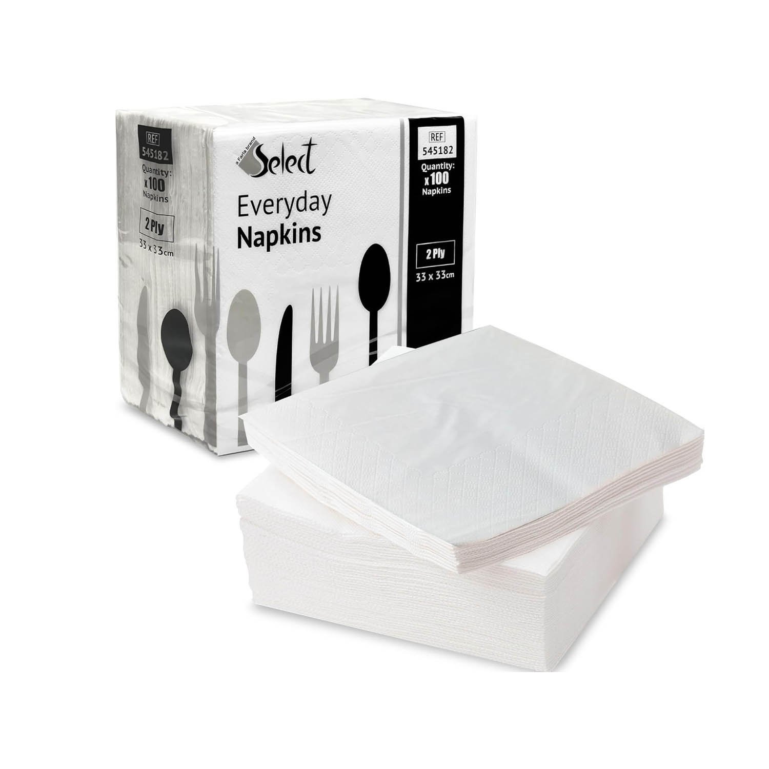 Select White Paper Napkins - Pack of 100 2-Ply Disposable Table Napkins
