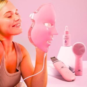 LED Face Mask Light Therapy Premium Spa Kit (4 Pcs) - With Ultrasonic Scrubber, Sonic Brush & Green Tea Serum