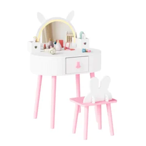 Kids Vanity with Cute Rabbit Mirror, Kids Vanity Table and Chair, w/Touch Screen 3 Colors Adjustment LED Lighted Mirror