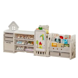 Kids Multifunctional Toy Storage Organizer with 3-Tier Bookshelf, Storage Rack & Drawing Board