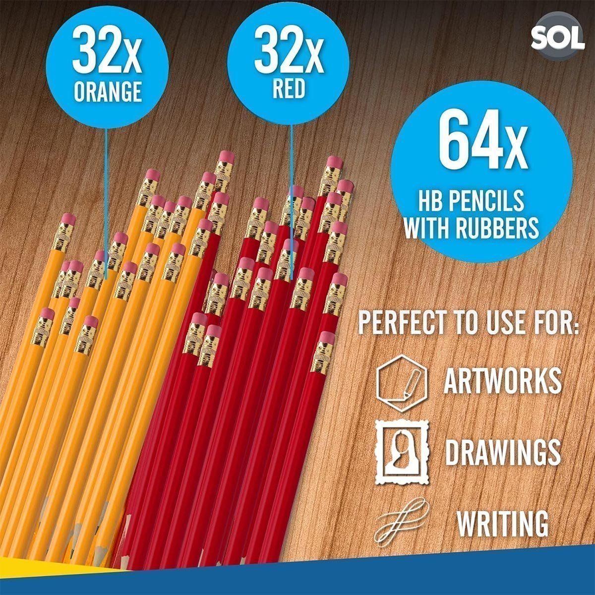 SOL 64pk HB Pencils With Rubbers On The End | HB Pencil Pack with Erasers - Image 2