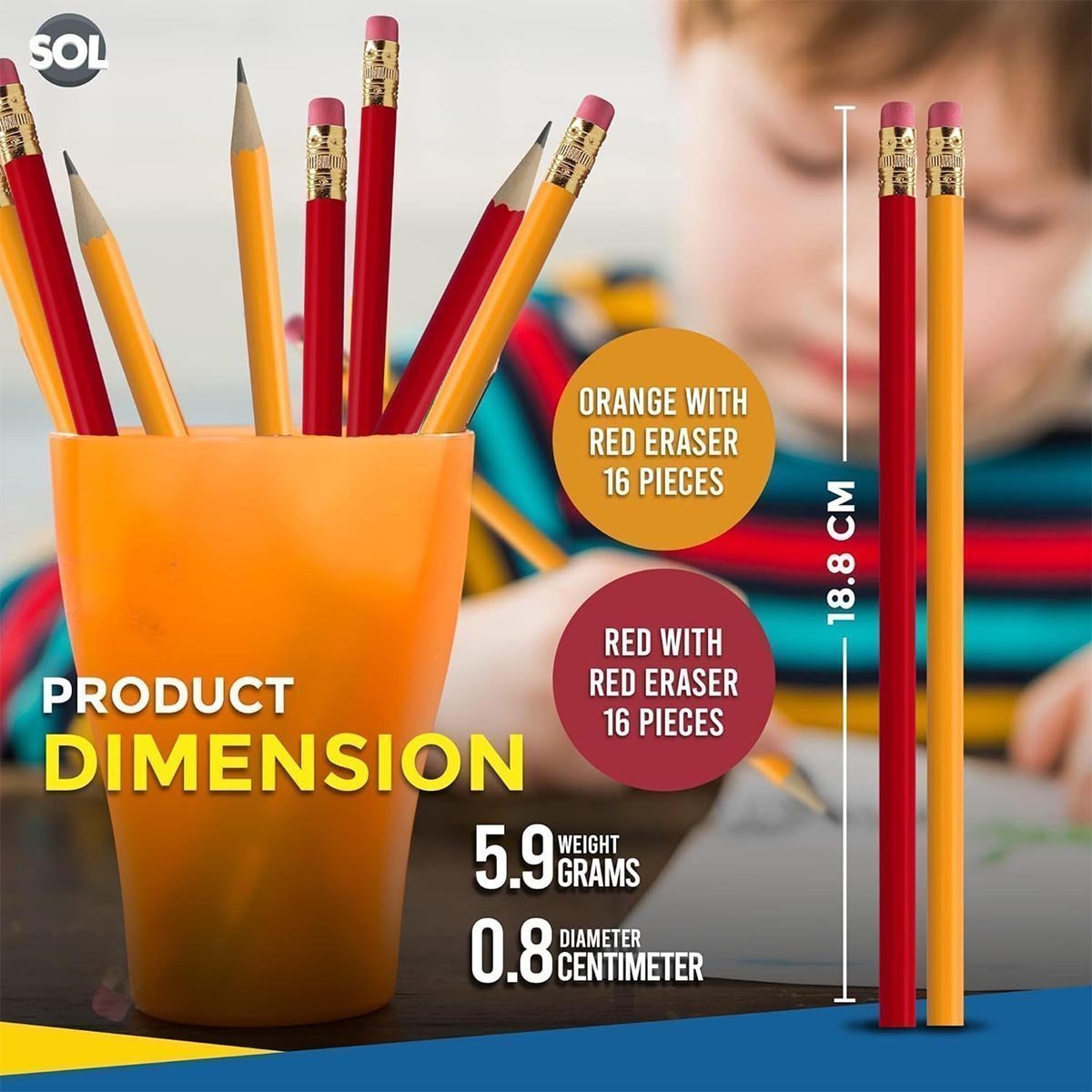 SOL 64pk HB Pencils With Rubbers On The End | HB Pencil Pack with Erasers - Image 3