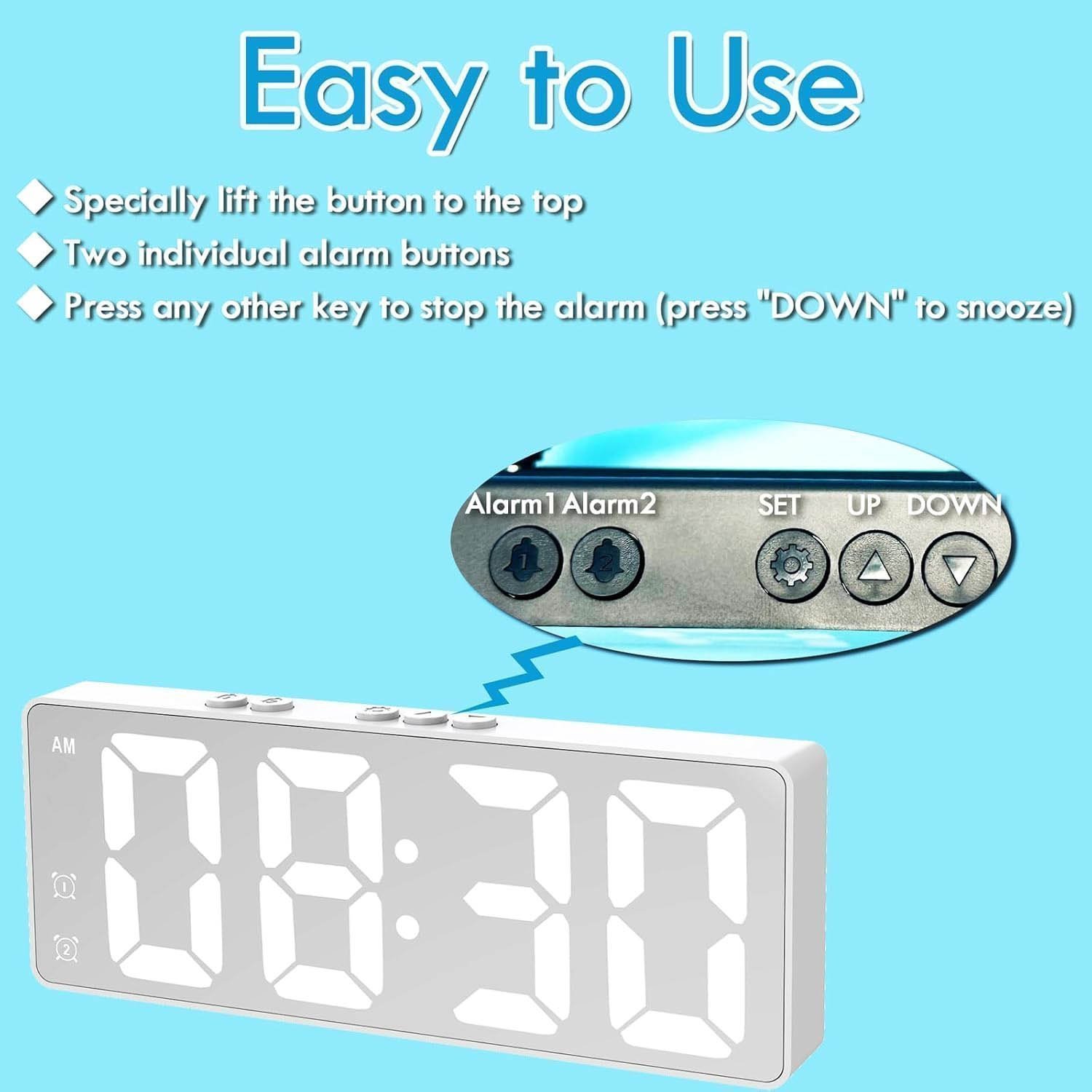 White Digital Alarm Clock Bedside - LED Clock for Bedroom Home Office, Easy to Use - Image 3