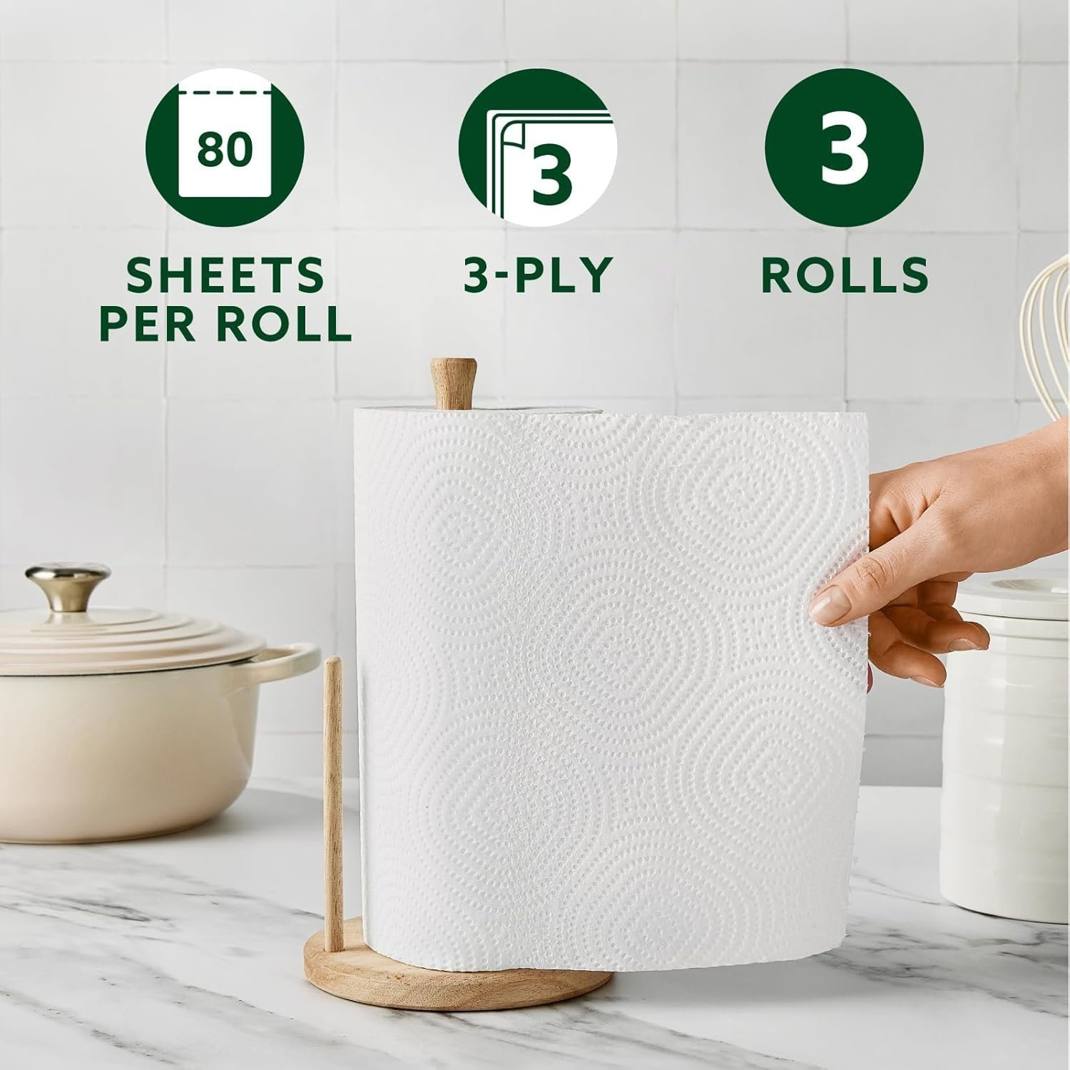 Classic Kitchen Roll, 3-ply, Strong and Absorbent, 3 Rolls (1 Pack of 3), 80 Sheets per Roll - Image 2