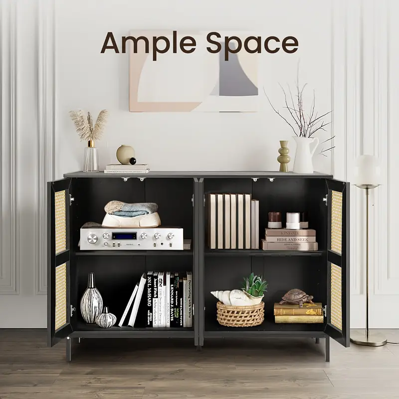 Buffets Cabinet Storage, Rattan Décor 4-door Sideboard Kitchen Storage With Adjustable Shelves - Image 3