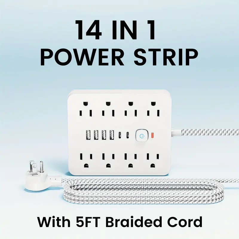 Surge Protector Power Strip With 8 AC Outlets, 4 USB & 2 Type-C Fast Charge Ports -Premium 5FT Braided Cable - Image 2