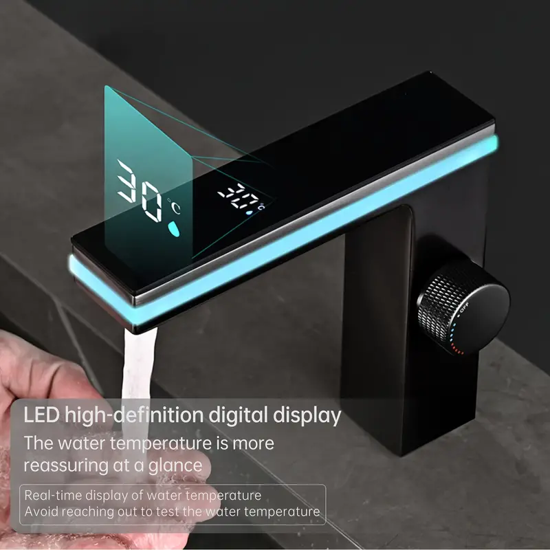 SOQO Smart Digital Display Bathroom Faucet, LED Temperature Digital Display Faucet, Brass Basin Faucet, Single Hole Bathroom Basin, Black - Image 2