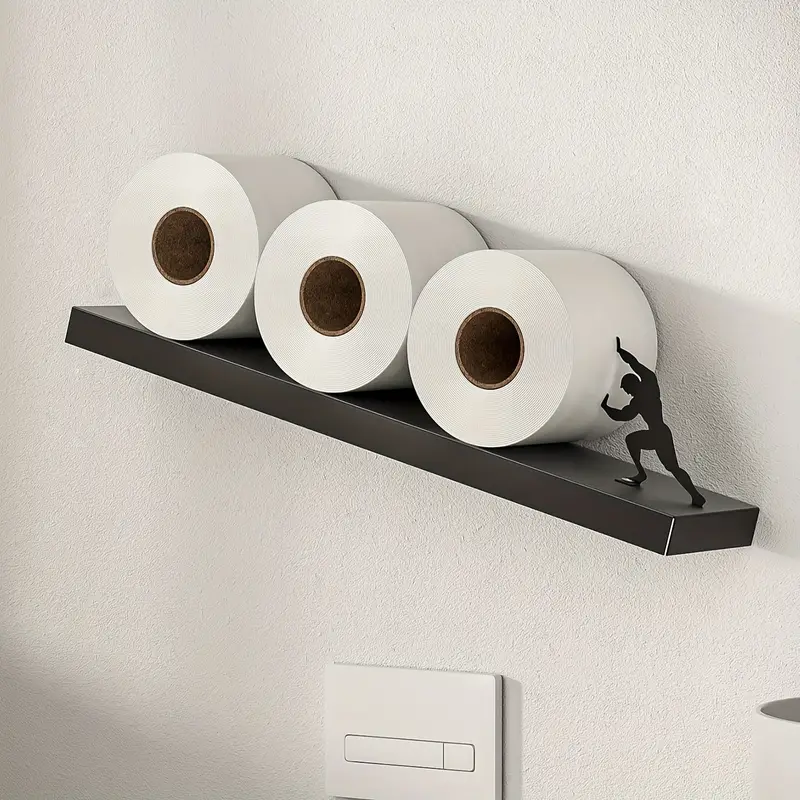 Creative Wall-Mounted Toilet Paper Holder with Silhouette Accent - Self-Adhesive, Wooden and Iron Material, Bathroom Tissue Roll Storage for Home and Kitchen Use - 1pc - Image 3