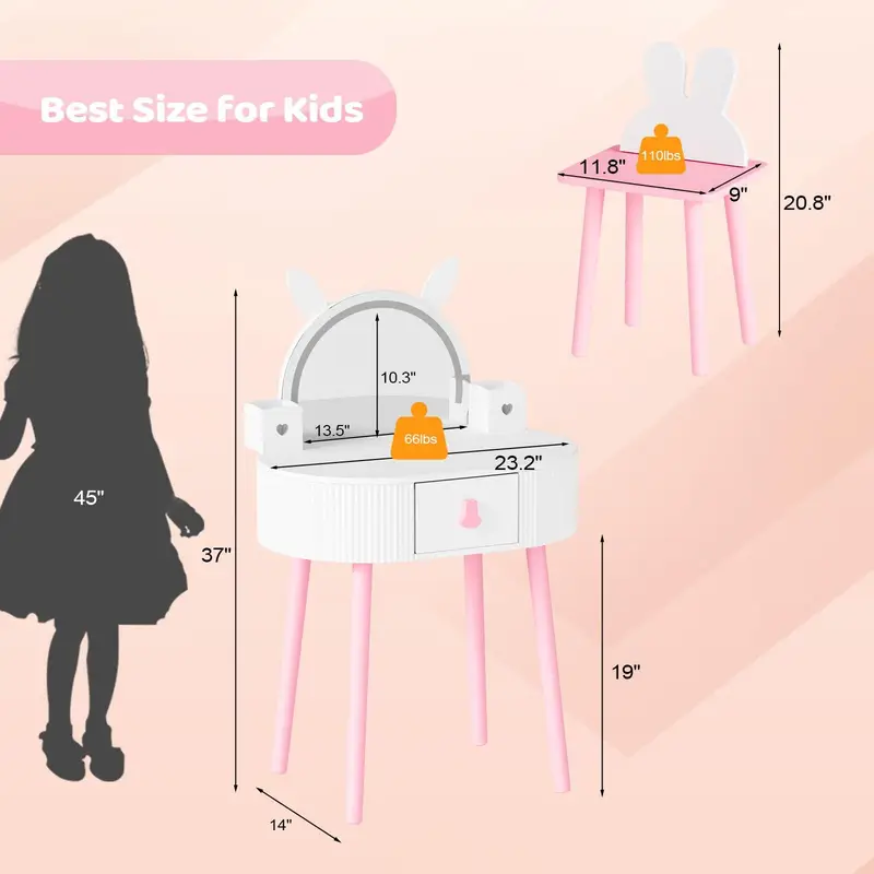 Kids Vanity with Cute Rabbit Mirror, Kids Vanity Table and Chair, w/Touch Screen 3 Colors Adjustment LED Lighted Mirror - Image 2