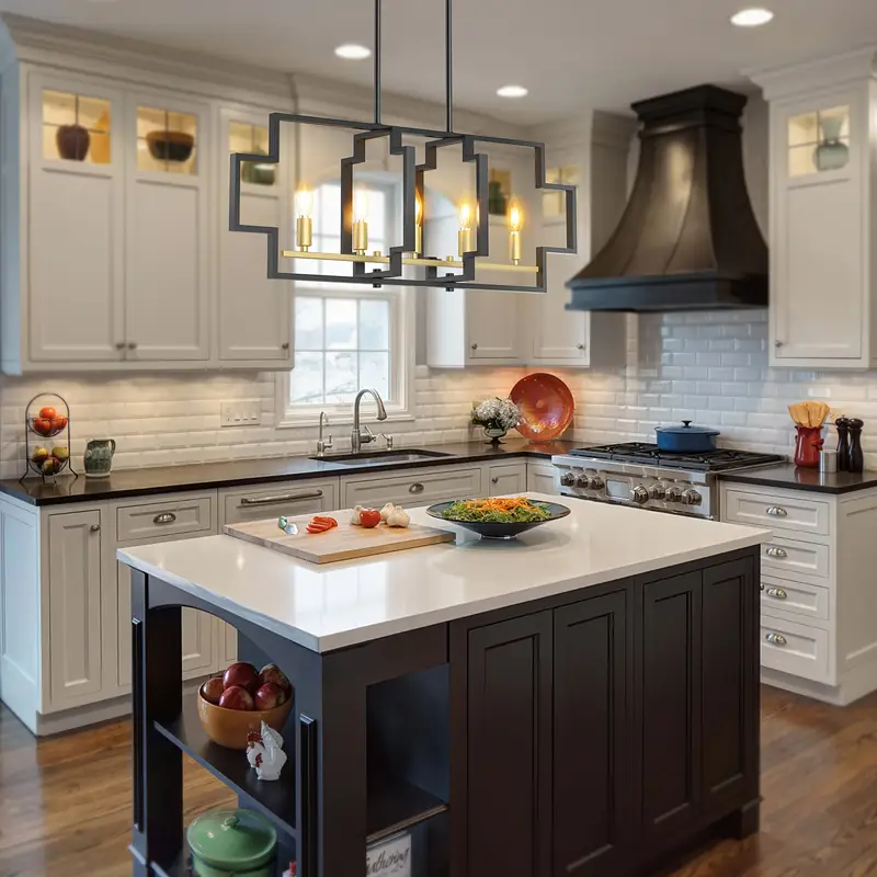 Restaurant Chandelier Five-light Square Dining Chandelier, Electroplated Copper + Spray Paint Black, E12 Lamp Holder - Image 3