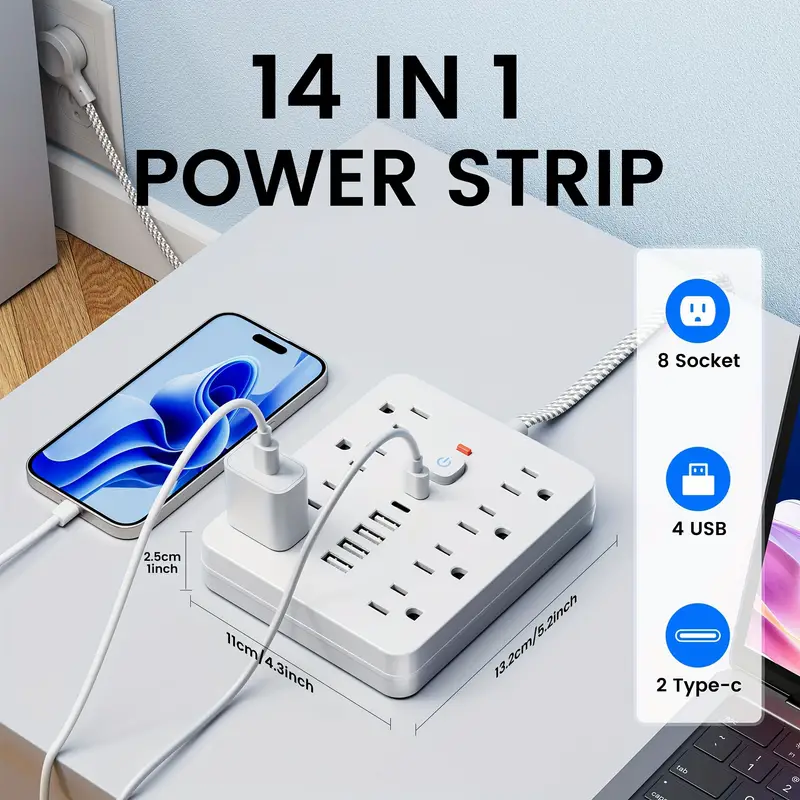 Surge Protector Power Strip With 8 AC Outlets, 4 USB & 2 Type-C Fast Charge Ports -Premium 5FT Braided Cable - Image 3