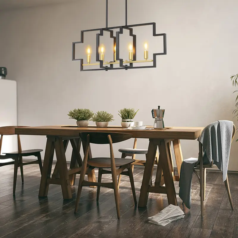 Restaurant Chandelier Five-light Square Dining Chandelier, Electroplated Copper + Spray Paint Black, E12 Lamp Holder - Image 4