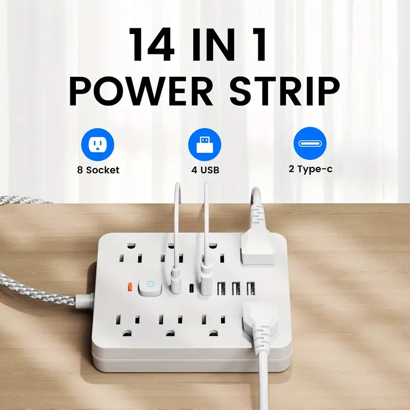 Surge Protector Power Strip With 8 AC Outlets, 4 USB & 2 Type-C Fast Charge Ports -Premium 5FT Braided Cable - Image 4