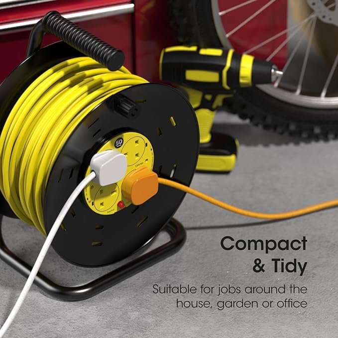 SLx Outdoor Extension Lead, 50m, 4 Socket Extension Reel, Heavy Duty Extension Cable, 13A Fused UK Plug - Image 2
