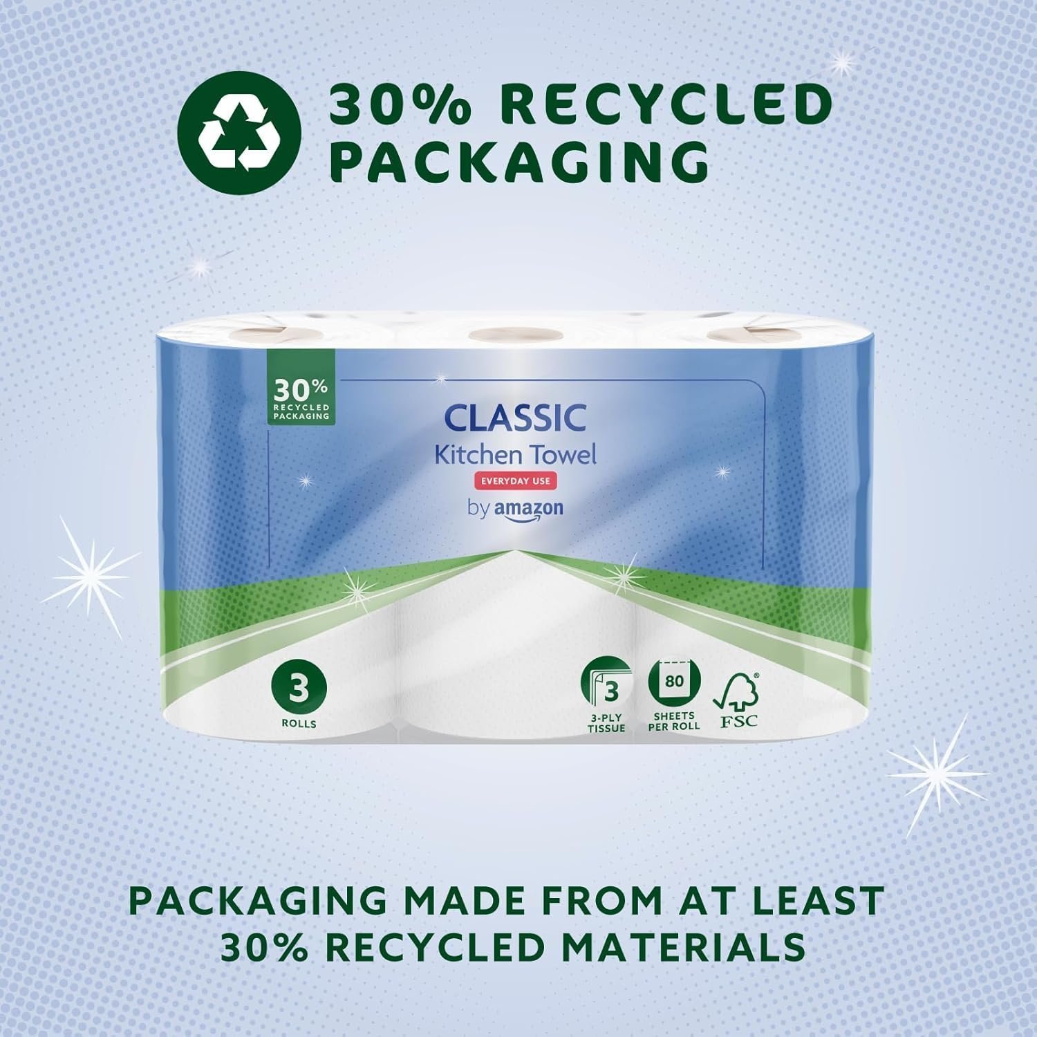 Classic Kitchen Roll, 3-ply, Strong and Absorbent, 3 Rolls (1 Pack of 3), 80 Sheets per Roll - Image 5