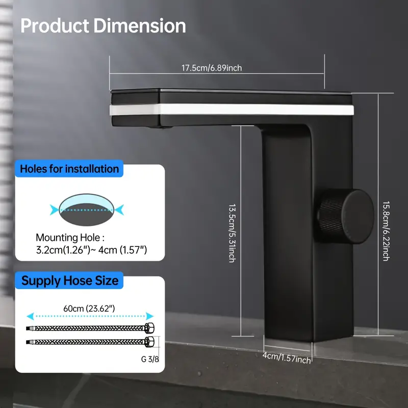 SOQO Smart Digital Display Bathroom Faucet, LED Temperature Digital Display Faucet, Brass Basin Faucet, Single Hole Bathroom Basin, Black - Image 4
