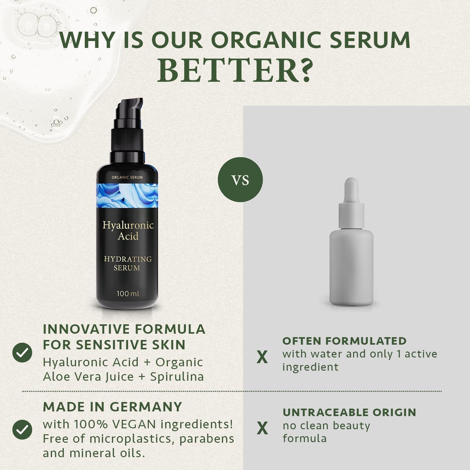 Hyaluronic Acid Serum for Face 100ml, Face Serum Skincare for a Rejuvenated Skin - Collagen Serum for Face with Organic Aloe Vera for Sensitive Skin - Vegan Skin Care by Satin Naturel - Image 3