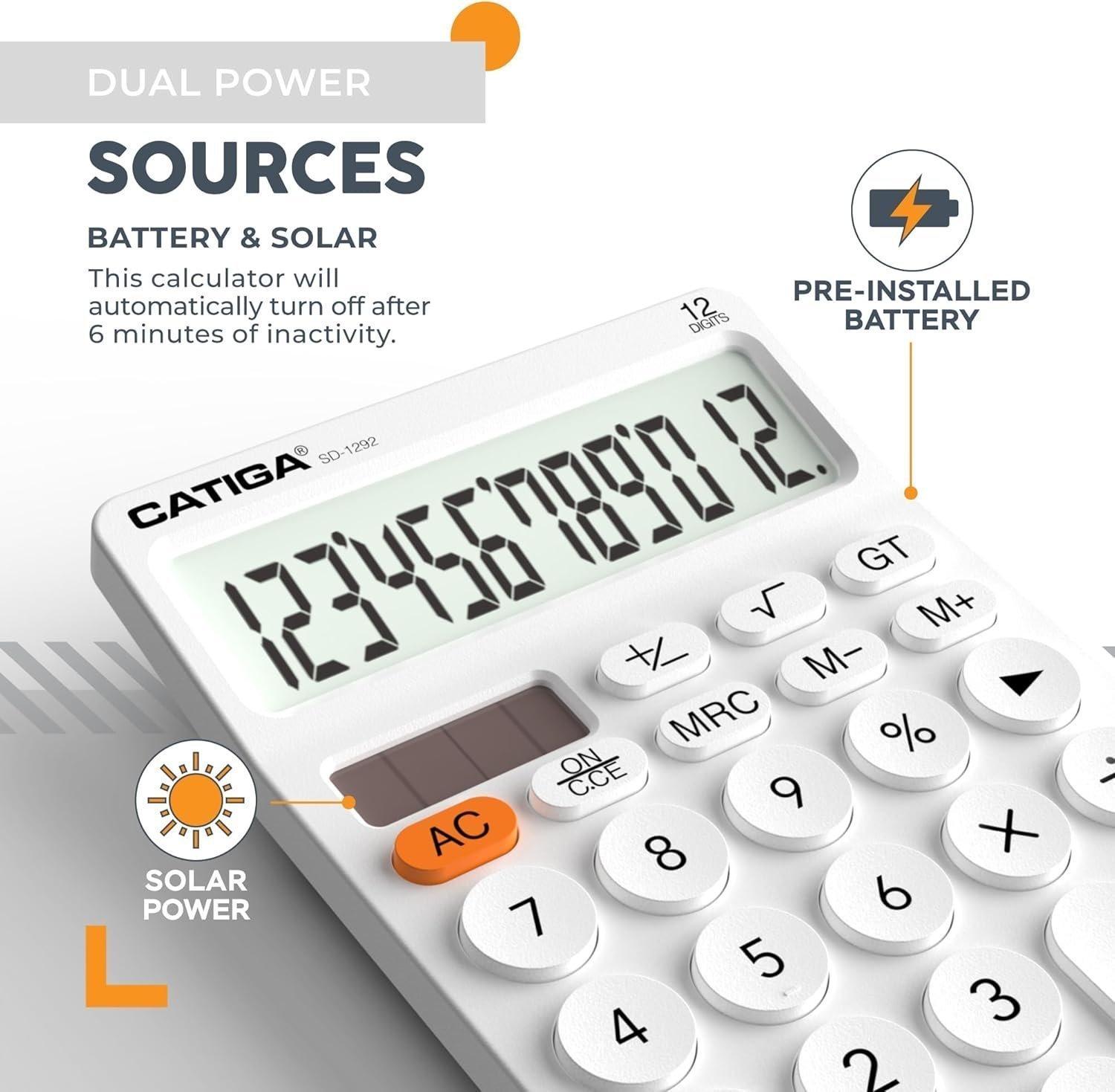 CATIGA 12 Digit Desktop Calculator with Large LCD Display, 4 Funtions Calculator - SD-1292 - Image 6