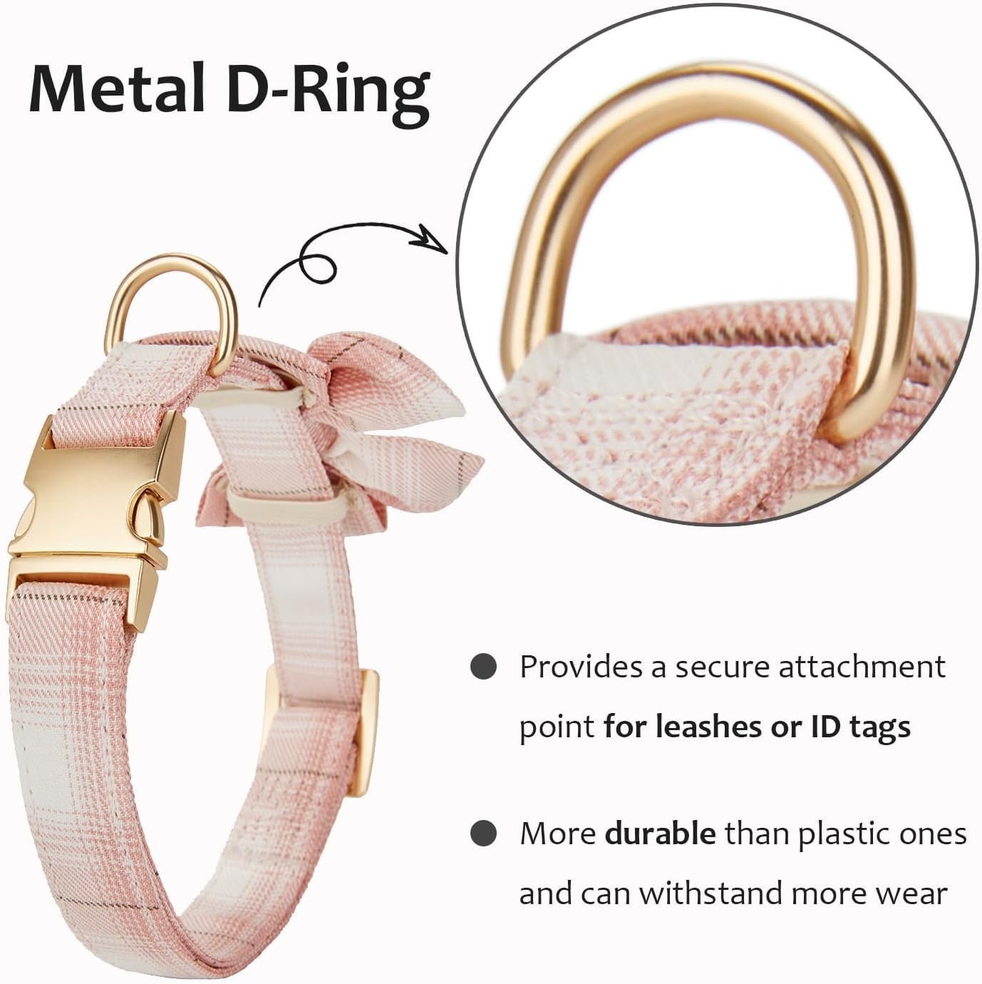 Soft Cloth Wrapped Dog Collar Plaid UK Style Collars with Removeable Bowtie for Small Dogs with Sensitive Skin,Pink - Image 2