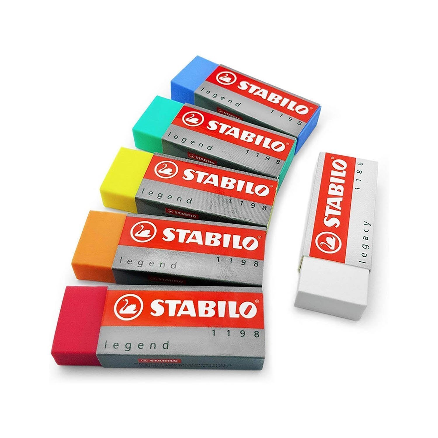 STABILO Legend & Legacy Plastic Rubber Eraser Mixed Set of 6 Erasers - One of Each Colour