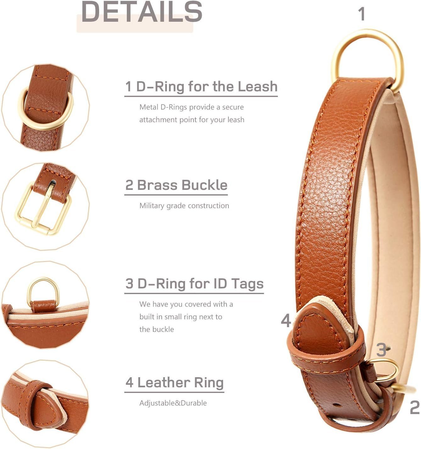HEELE Soft Leather Dog Collar Puppy Small Dogs Breathable Padded with D Ring, Adjustable Classic Dog Pet Collar, Brown, XS - Image 5