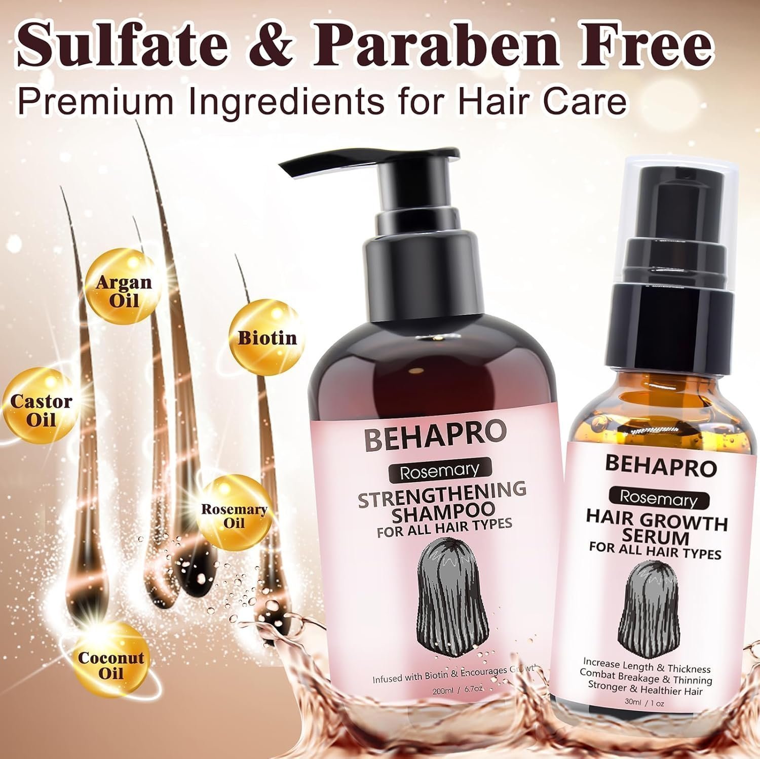 BEHAPRO Rosemary Oil for Hair Growth,w/Hair Growth Serum,Hair Growth Shampoo,Diluted Rosemary Oil Biotin Castor Oil & Argan Oil for Hair Loss Care Treatment - Image 2