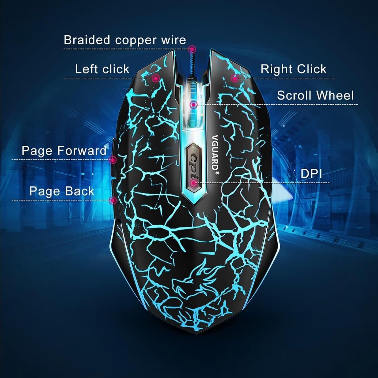 Gaming Mouse, Comfortable Wired USB Optical RGB Ergonomic Mice for PC Computer Laptop, 6 Programmable Buttons, 4 Adjustable Sensitivity, 7 Colors LED Backlight - Black - Image 4