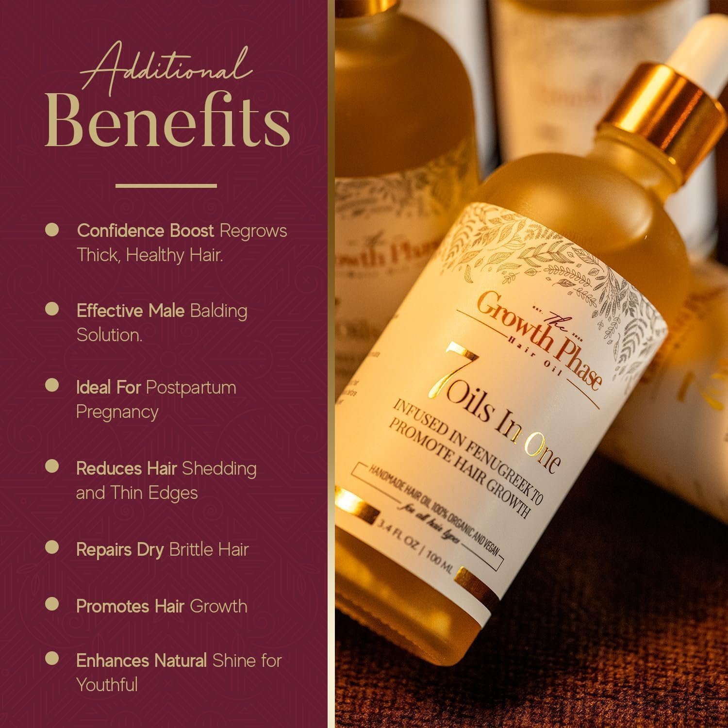 The Growth Phase Hair Oil Serum - 100% Natural with Castor, Onion, Fenugreek, Amla Oils and Caffeine - Image 4