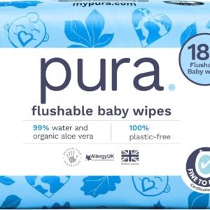 Pura Flushable Baby Water Wipes 3 x 60 per pack, (180 Wet Wipes) 100% Plastic Free, 99% Water